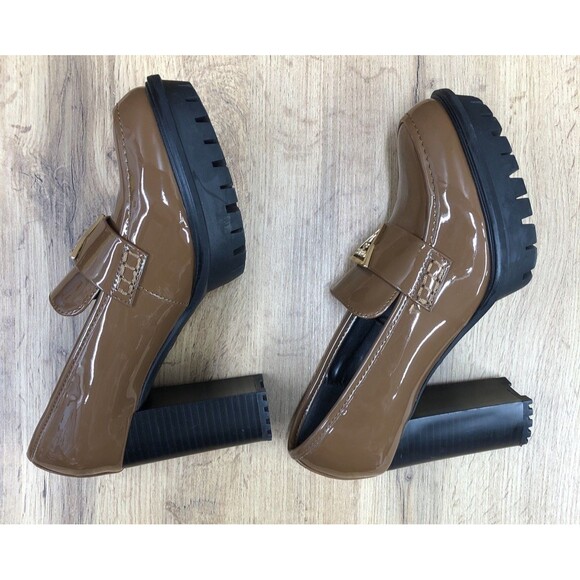 GUESS Women’s Keaton Chunky Platform Heels Brown Patent Leather Shoes Size 8 M - Picture 12 of 16